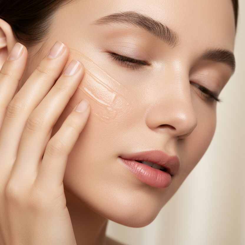  A hyper-realistic close-up of a woman’s half-visible face as she softly spreads a collagen serum onto her cheek with her fingertips. The serum catches soft beige light, leaving the skin smooth, hydrated, and glowing with a firm, youthful look. Minimal ivory background, luxury skincare campaign style, calm and elegant atmosphere, ultra-detailed, soft focus.
