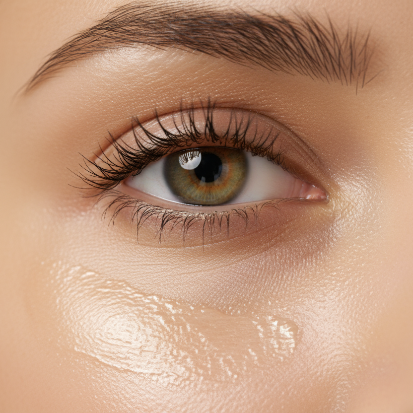 > A hyper-realistic, luxury beauty close-up photograph focusing on the eye area of a woman. The image captures only the eye and the skin beneath it, where a small amount of brightening eye cream is softly applied under the eye. The skin appears luminous, smooth, and hydrated with a natural radiance. Light reflects gently on the cream texture, emphasizing freshness and glow. The overall color palette is warm beige and ivory with subtle golden tones. Minimal background, soft diffused lighting, cinematic compo