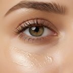 > A hyper-realistic, luxury beauty close-up photograph focusing on the eye area of a woman. The image captures only the eye and the skin beneath it, where a small amount of brightening eye cream is softly applied under the eye. The skin appears luminous, smooth, and hydrated with a natural radiance. Light reflects gently on the cream texture, emphasizing freshness and glow. The overall color palette is warm beige and ivory with subtle golden tones. Minimal background, soft diffused lighting, cinematic compo