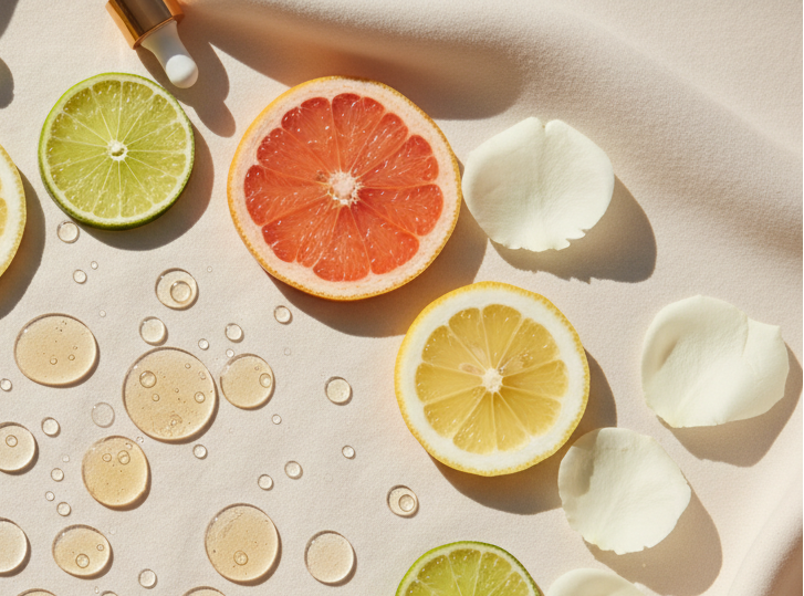 A luxury flatlay of glycolic acid skincare elements: clear liquid drops, citrus slices, and white rose petals arranged on a soft ivory surface. The composition feels fresh and refined, symbolizing brightness and renewal. Soft daylight, warm beige and pale gold tones, high-end skincare editorial photography, clean and minimal aesthetic.
