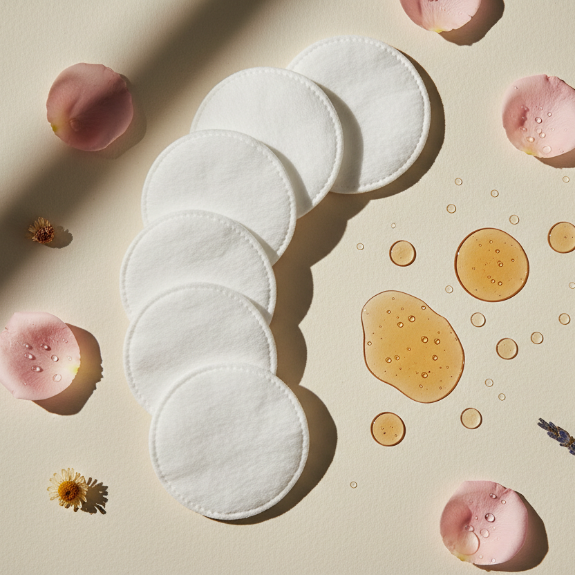 A luxury flatlay of makeup remover ingredients: soft cotton pads, delicate rose petals, and drops of cleansing oil placed on an ivory surface. The composition feels light, feminine, and serene, symbolizing purity and care. Soft diffused daylight, neutral beige tones, minimal and elegant, high-end skincare aesthetic.
