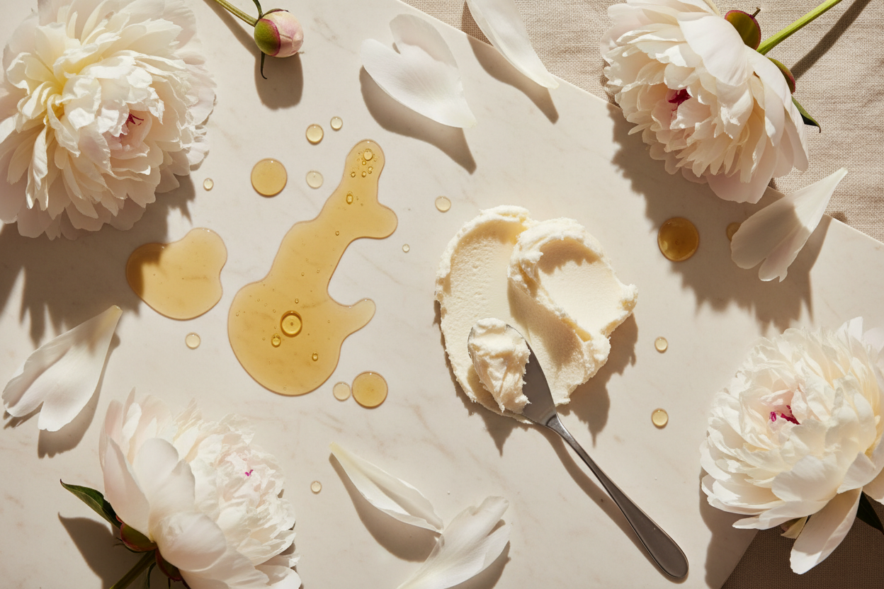 A luxury flatlay of natural skincare ingredients used in a gentle cleansing milk: soft argan oil drops, shea butter texture, and delicate white peony petals arranged on an ivory surface. The composition feels calm, feminine, and pure, with diffused daylight and warm beige tones. High-end skincare editorial style, ultra-detailed, minimal and elegant.

