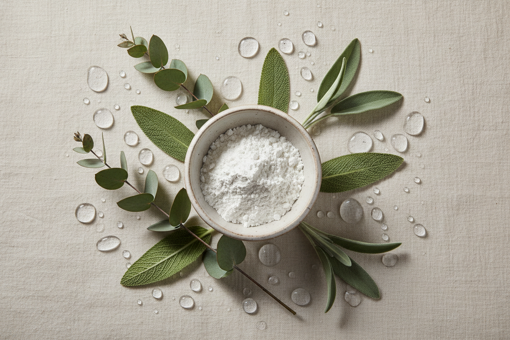 A luxury flatlay of purifying skincare ingredients: gentle white clay, mineral water drops, and green botanical leaves arranged on a soft ivory surface. The composition feels clean, natural, and serene, symbolizing balance and clarity. Soft daylight, muted beige and sage tones, minimal and elegant, high-end skincare editorial style.