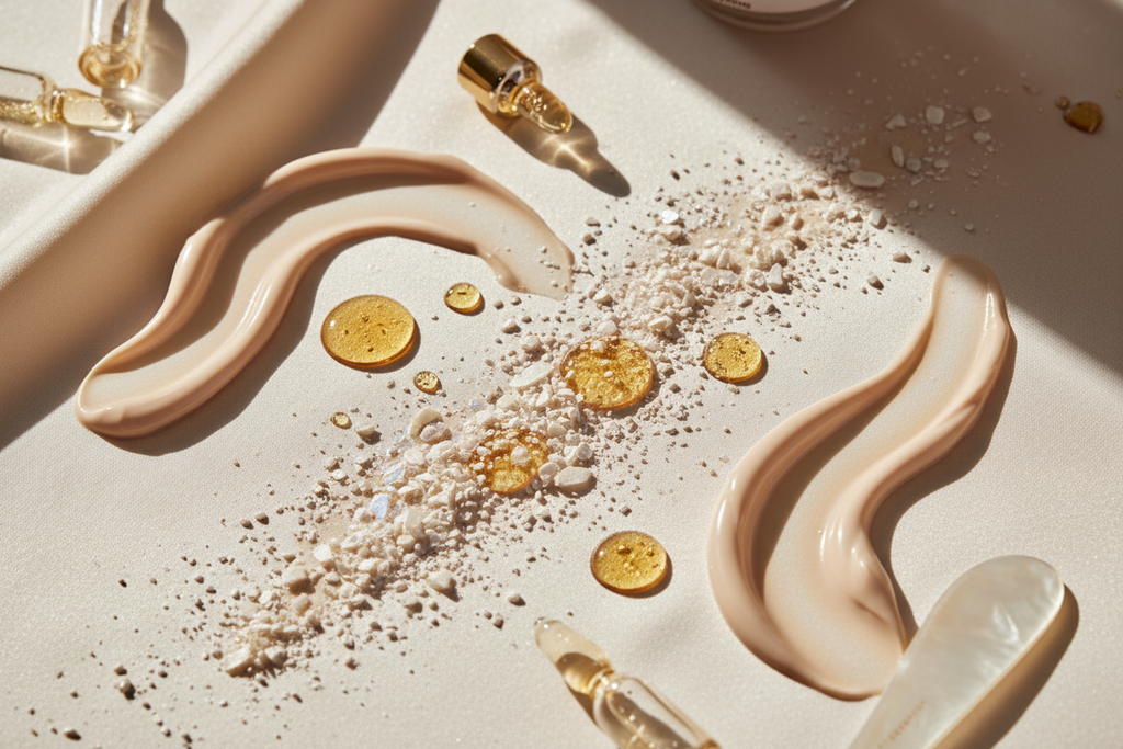 A luxury flatlay showing anti-aging skincare ingredients: delicate pearl shimmer, golden droplets of marine extract, and silky cream swirls on an ivory background. The composition radiates elegance, warmth, and refinement. Soft daylight, beige and champagne tones, high-end skincare editorial photography.
