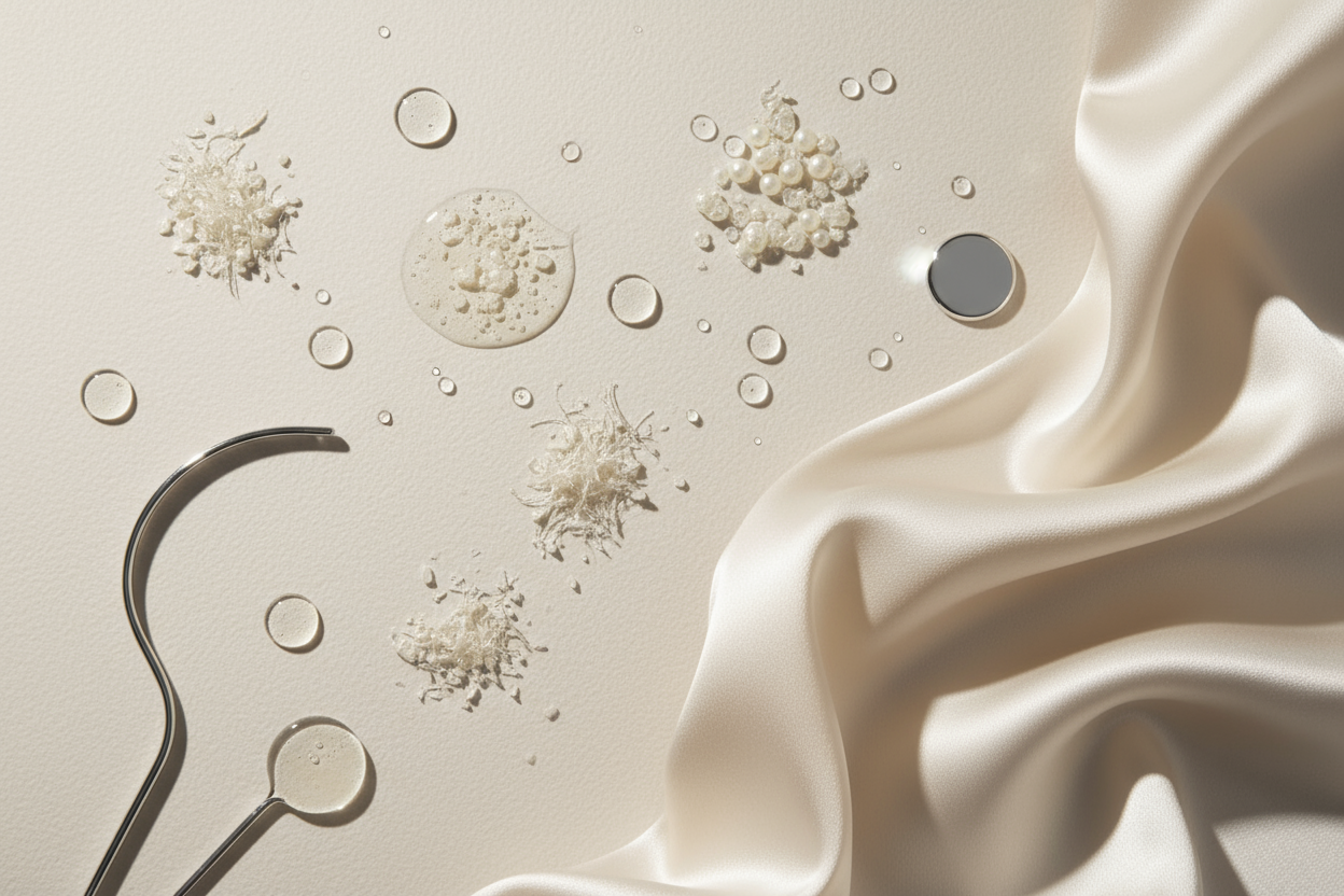 A luxury flatlay showing clear serum droplets, marine collagen textures, and delicate silk fabric arranged on a soft ivory surface. The light is diffused and elegant, symbolizing renewal and strength. Minimal composition, beige and silver tones, high-end skincare editorial photography.
