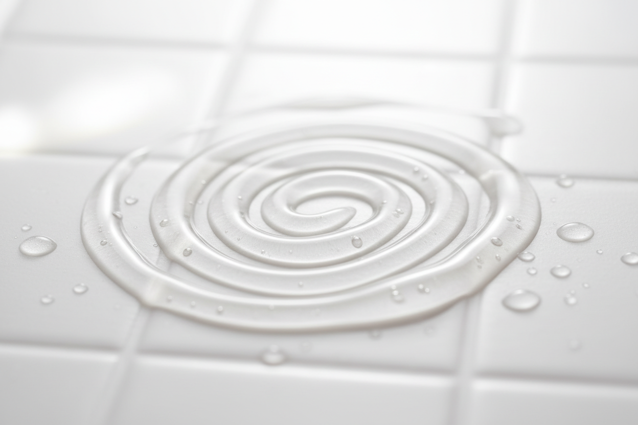 A macro close-up of clear toner liquid forming smooth ripples on a white surface. The light reflects softly on the water, creating a sense of calm and freshness. The texture looks lightweight, pure, and luminous. Luxury skincare aesthetic, ultra-detailed, clean and minimal composition.
