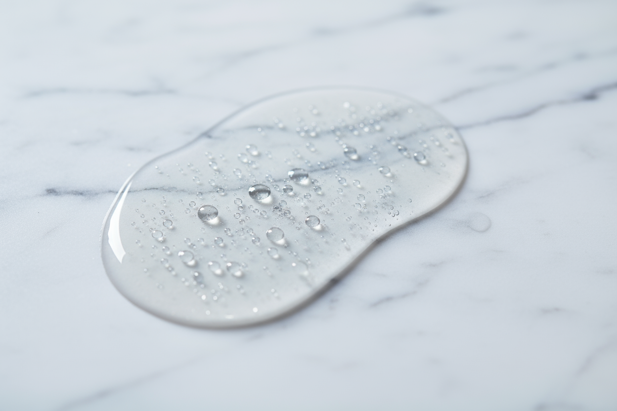 A macro close-up of hydrating toner liquid on a white marble surface. Tiny water droplets shimmer softly under diffused light, creating a luminous, dewy look. The liquid appears silky, fresh, and cooling. Minimal composition, luxury skincare aesthetic, ultra-detailed and clean.
