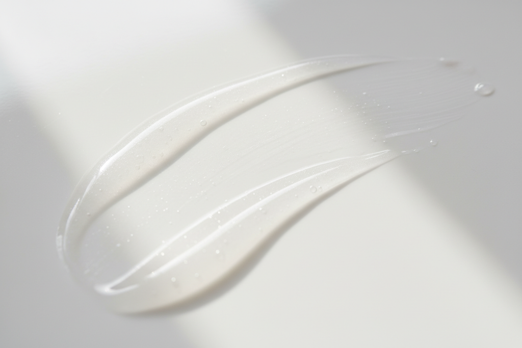  A macro close-up of silky makeup remover liquid spread on a white surface, reflecting soft natural light. The texture looks smooth, milky, and lightweight. Gentle highlights show hydration and purity. Clean minimal composition, luxury skincare editorial style, ultra-detailed.
