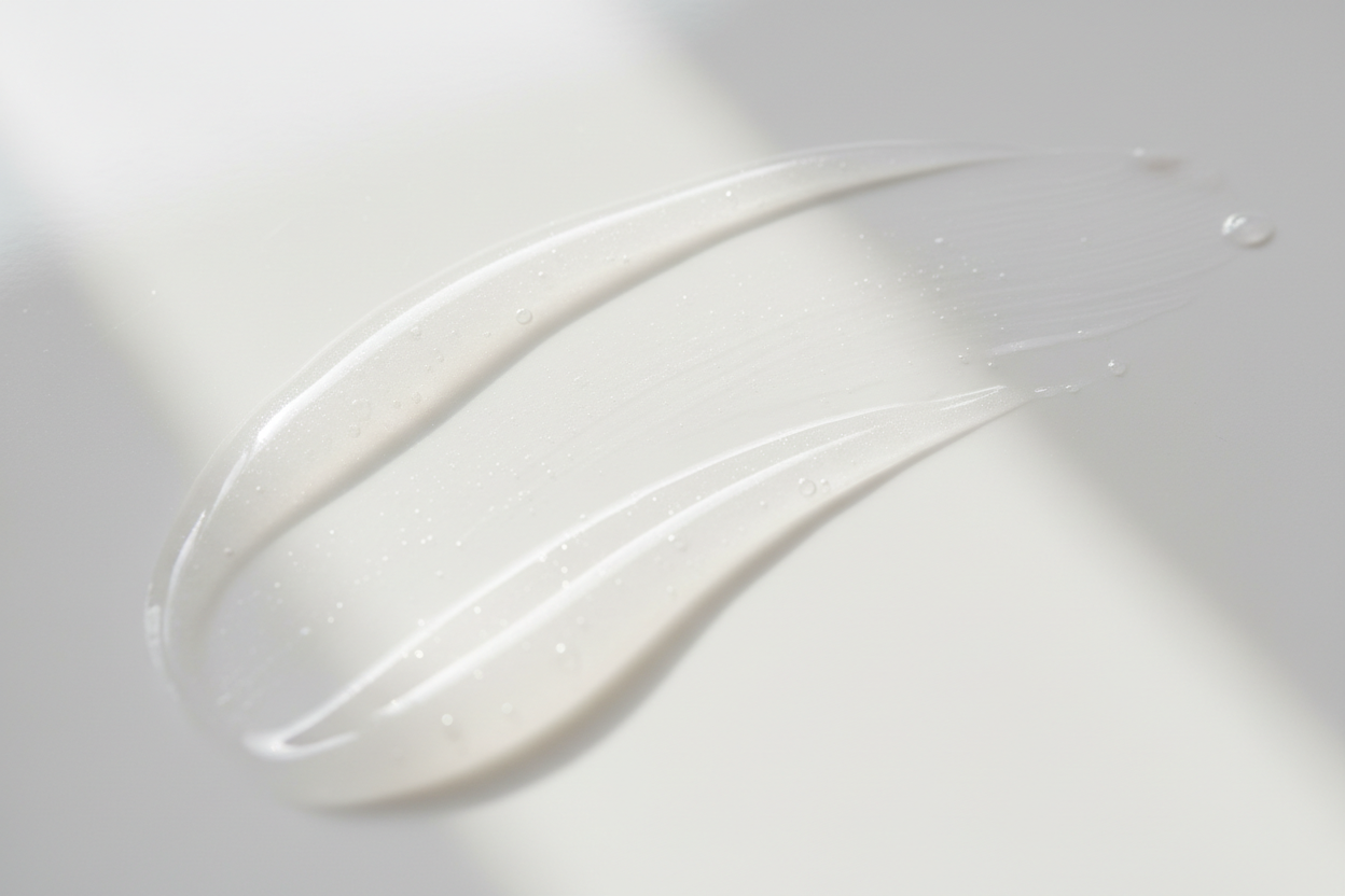  A macro close-up of silky makeup remover liquid spread on a white surface, reflecting soft natural light. The texture looks smooth, milky, and lightweight. Gentle highlights show hydration and purity. Clean minimal composition, luxury skincare editorial style, ultra-detailed.
