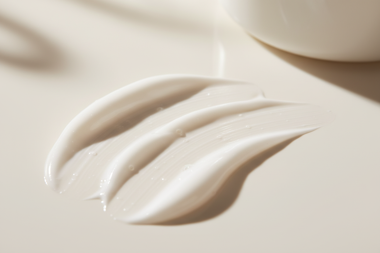 A macro close-up of silky white cleansing milk texture spread smoothly on a clean ivory surface. The texture looks creamy, luminous, and light, catching soft light reflections. The image conveys hydration, smoothness, and purity. Minimal background, soft shadows, luxury skincare campaign aesthetic.

